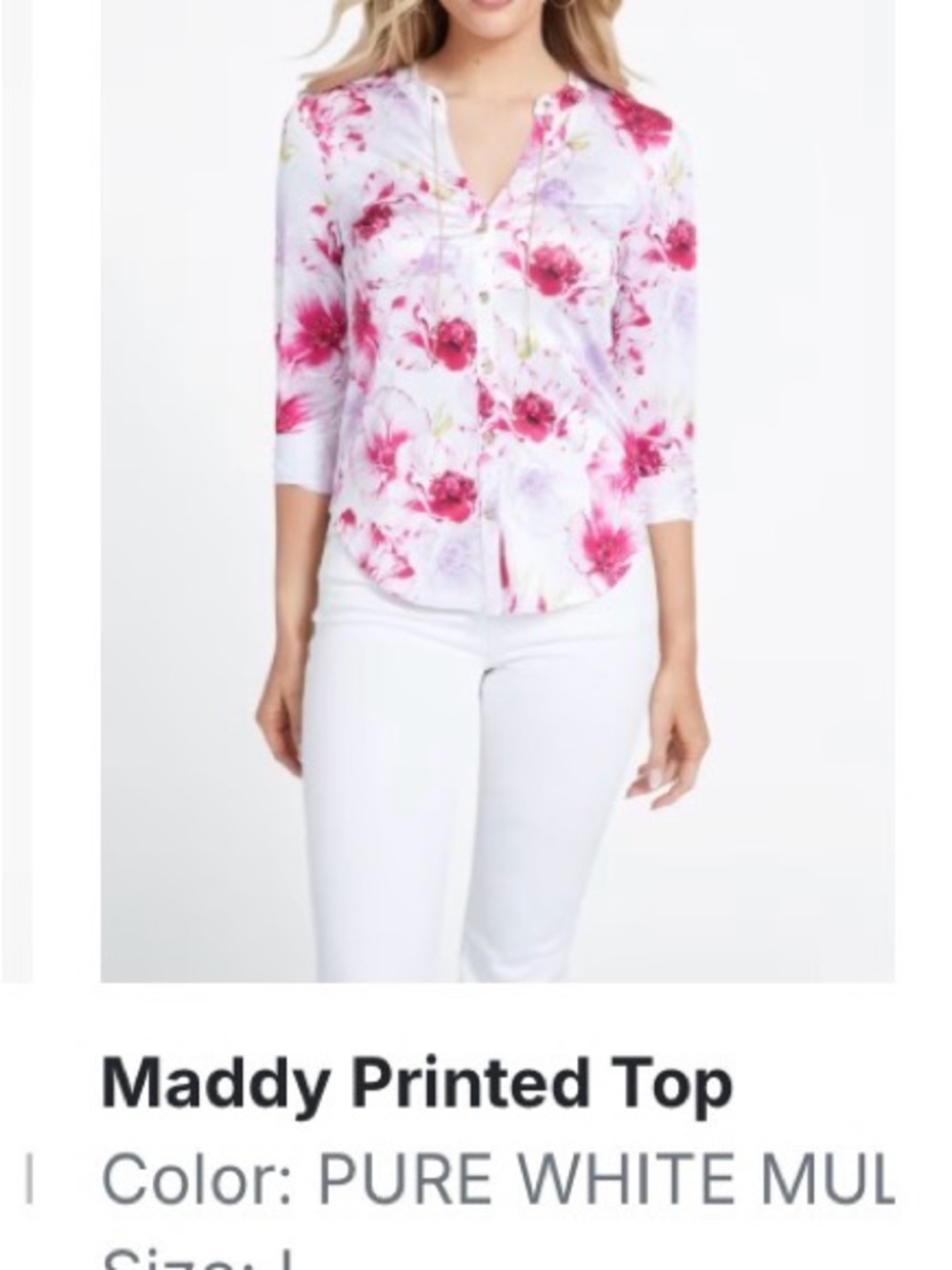 Guess White Floral V‑Neck Blouse with Pink Print
